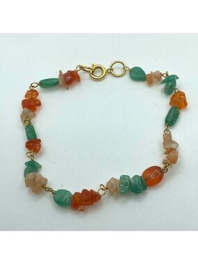 Vtg Agate Chip Bead & Gold Tone Wire Bracelet Multi Colour Stones 8”